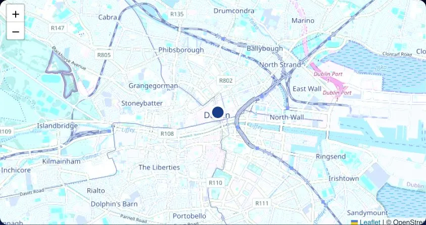 Map of central Dublin, Ireland, with a marker in the city centre